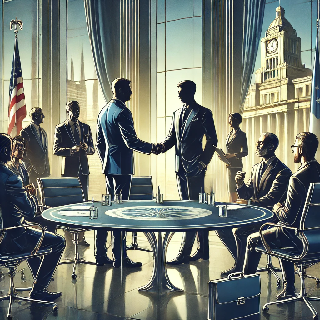 DALL·E 2024-08-12 19.54.05 - A professional image symbolizing political savvy in business. The image should depict a corporate leader in a formal setting, such as a government bui