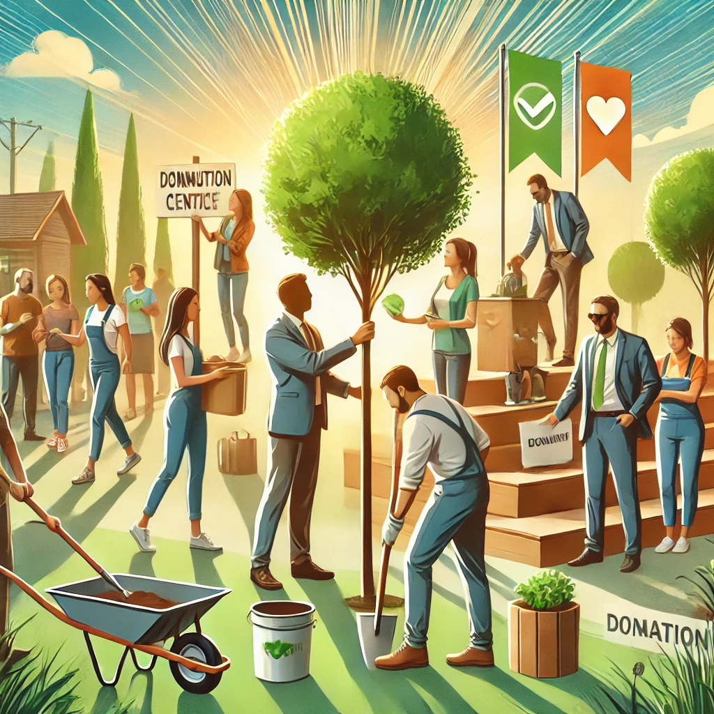 DALL·E 2024-08-12 19.55.18 - A professional image representing philanthropy and social responsibility in business. The scene should depict a corporate leader or team actively part