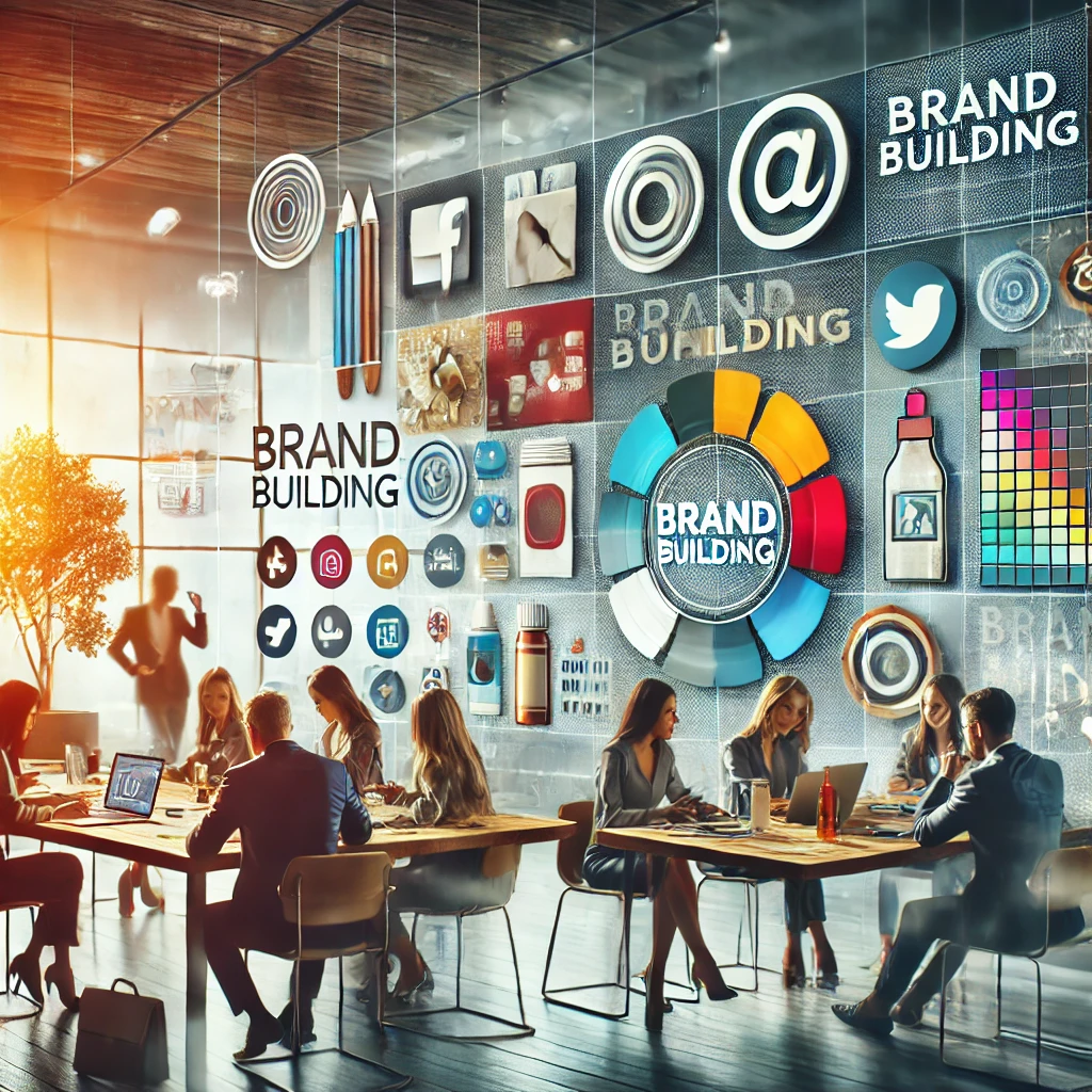 DALL·E 2024-08-12 19.56.28 - A professional image representing brand building and the importance of a strong brand identity. The scene should depict a marketing team or brand mana