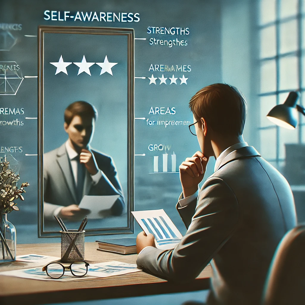 DALL·E 2024-08-12 19.59.19 - A professional image representing self-awareness, focusing on understanding strengths and weaknesses. The scene could depict a person in a modern offi