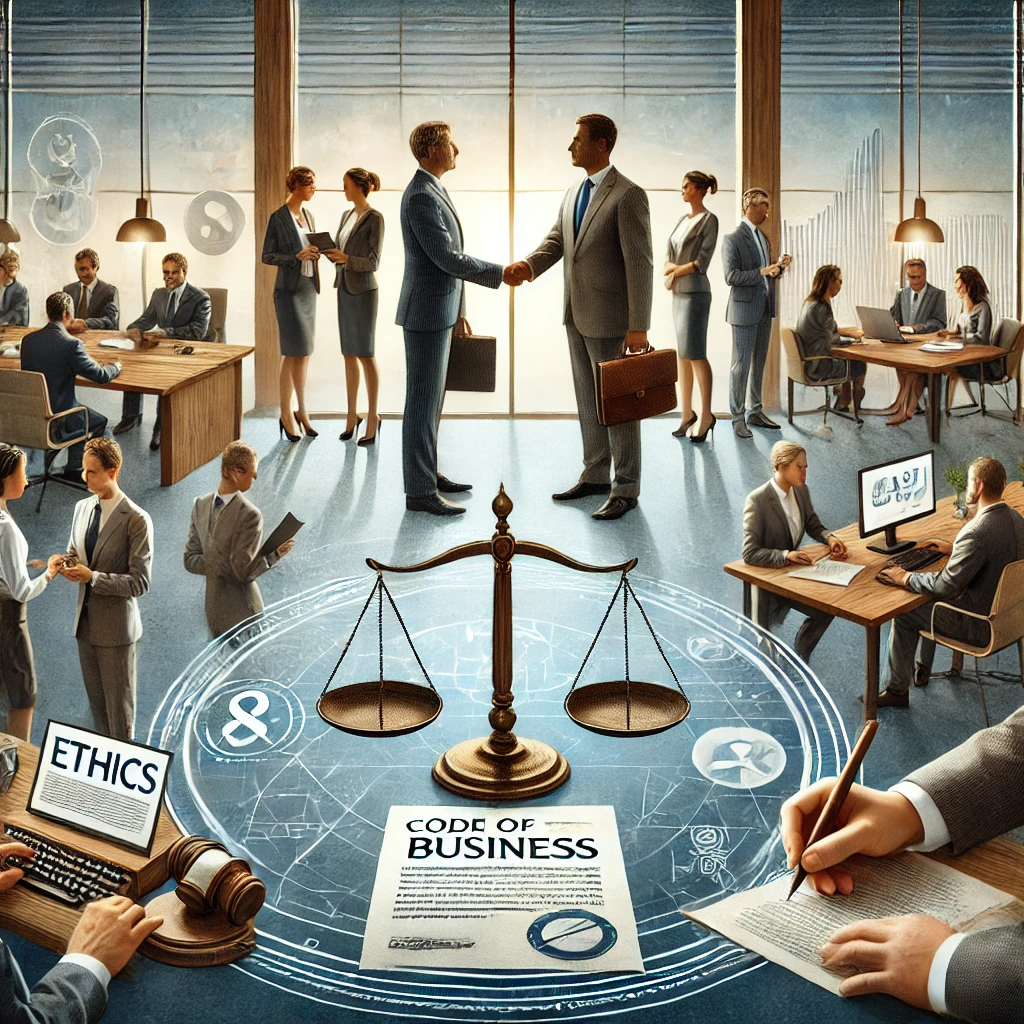 DALL·E 2024-08-12 20.05.56 - A professional image representing strong ethics in business, focusing on integrity and fairness. The scene should depict a diverse group of business p