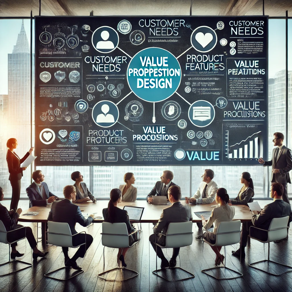 DALL·E 2024-08-12 20.07.15 - A professional image representing value proposition design, focusing on clearly articulating the unique value a business offers. The scene should depi