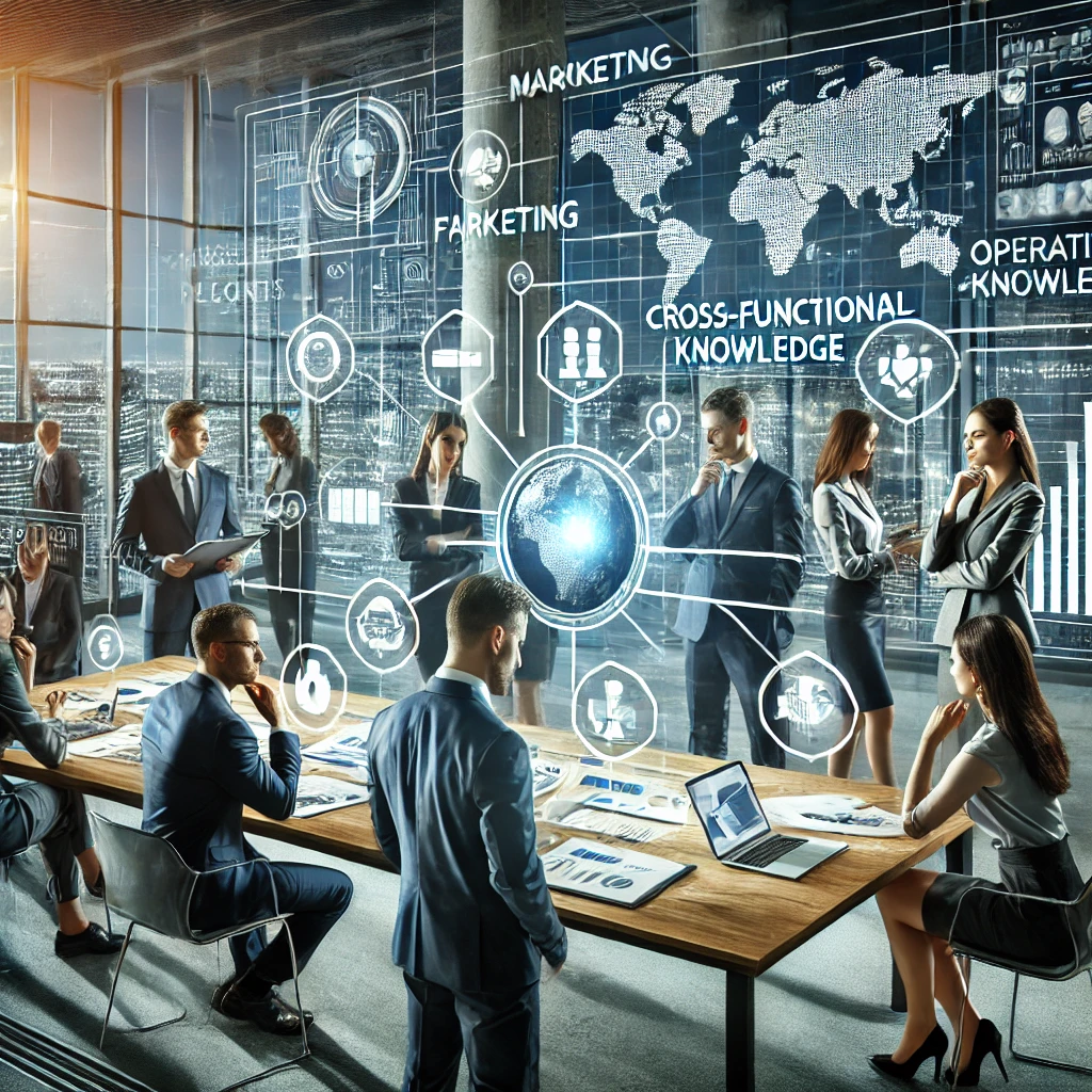 DALL·E 2024-08-12 20.09.52 - A professional image representing cross-functional knowledge in business. The scene should depict a group of professionals in a modern office setting,