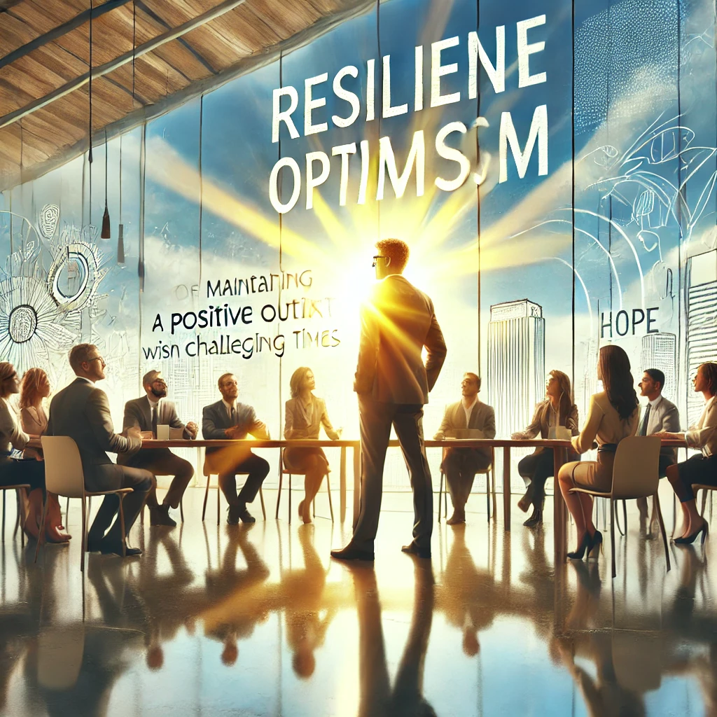 DALL·E 2024-08-12 20.17.11 - A professional image representing resilient optimism, focusing on maintaining a positive outlook in challenging times. The scene should depict a leade