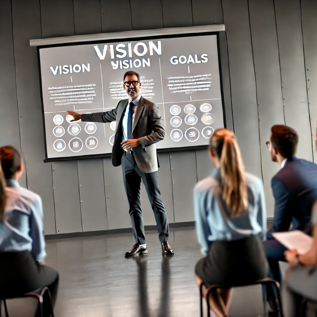 DALL·E 2024-08-13 15.23.34 - A professional image depicting a confident and visionary leader addressing their team in a modern office setting. The leader stands at the front of th