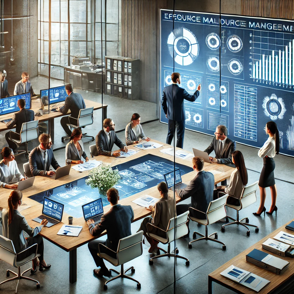 DALL·E 2024-08-13 15.24.35 - A professional image showcasing effective resource management in a corporate environment. The scene depicts a team of professionals in a modern office