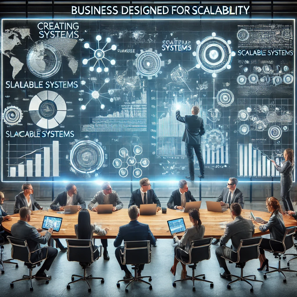 DALL·E 2024-08-13 15.25.35 - A professional image illustrating a business designed for scalability. The scene is set in a modern, high-tech office with a diverse team of professio