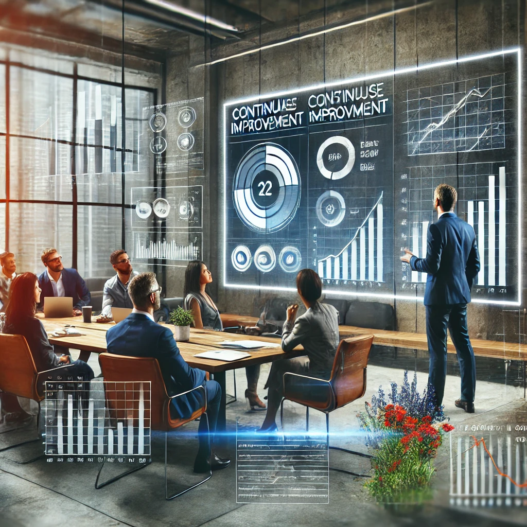 DALL·E 2024-08-13 15.28.20 - A professional image representing the concept of continuous improvement in a business setting. The scene is set in a modern office where a team is eng
