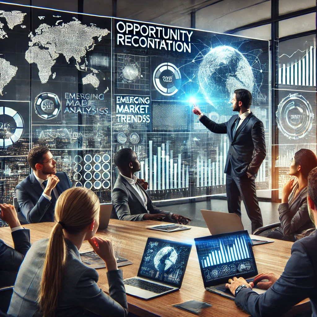 DALL·E 2024-08-13 15.29.40 - A professional image highlighting opportunity recognition in a business context. The scene takes place in a modern, sleek office where a diverse team