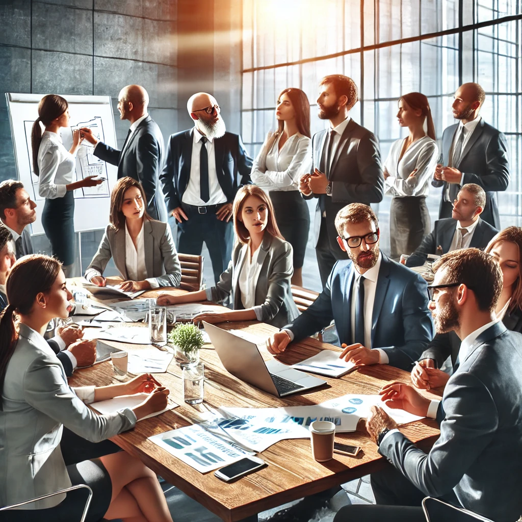 DALL·E 2024-08-13 15.35.31 - A professional image depicting a collaborative spirit in a corporate environment. The scene takes place in a modern office where a diverse group of pr