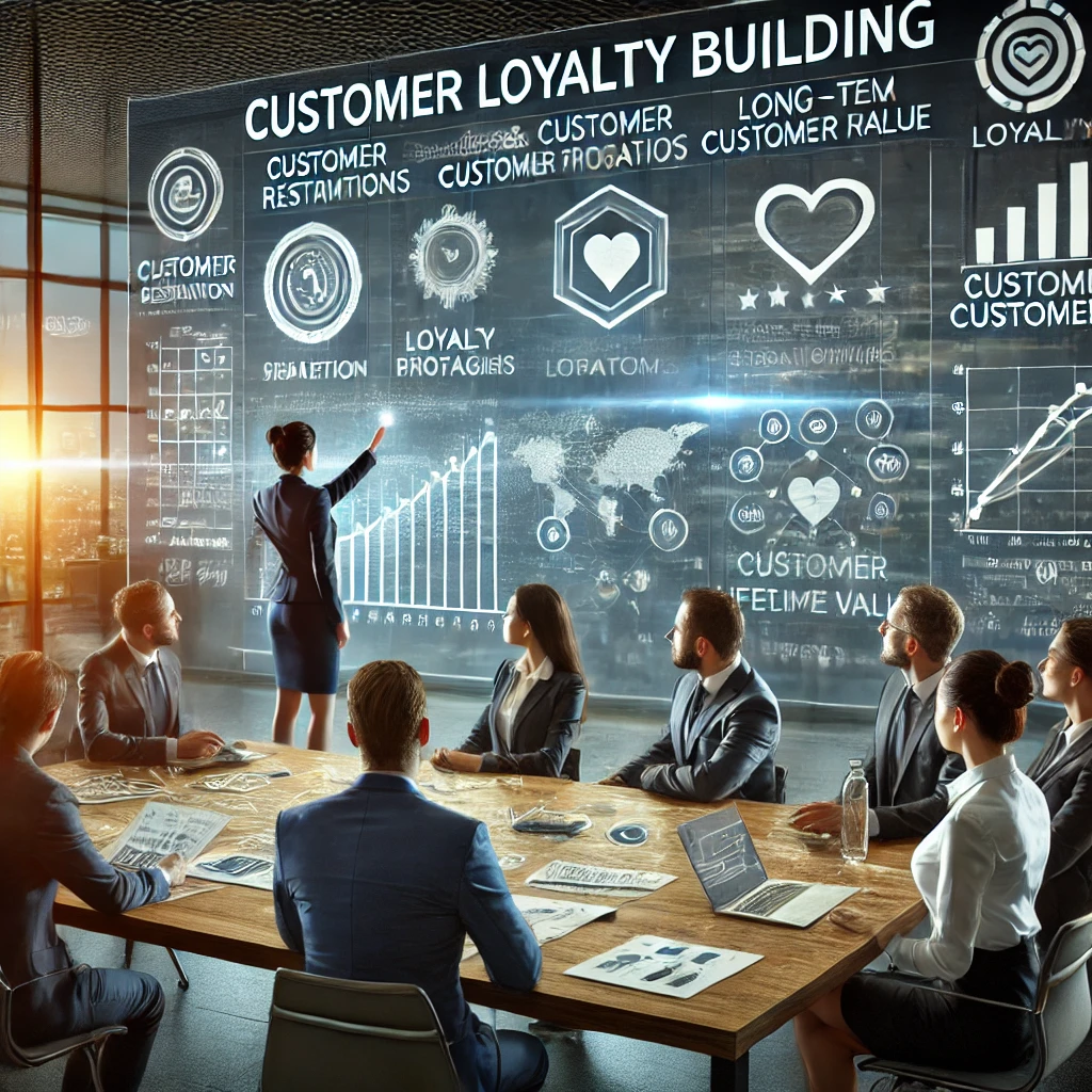 DALL·E 2024-08-13 15.37.30 - A professional image illustrating customer loyalty building in a business environment. The scene shows a modern office where a team of professionals i