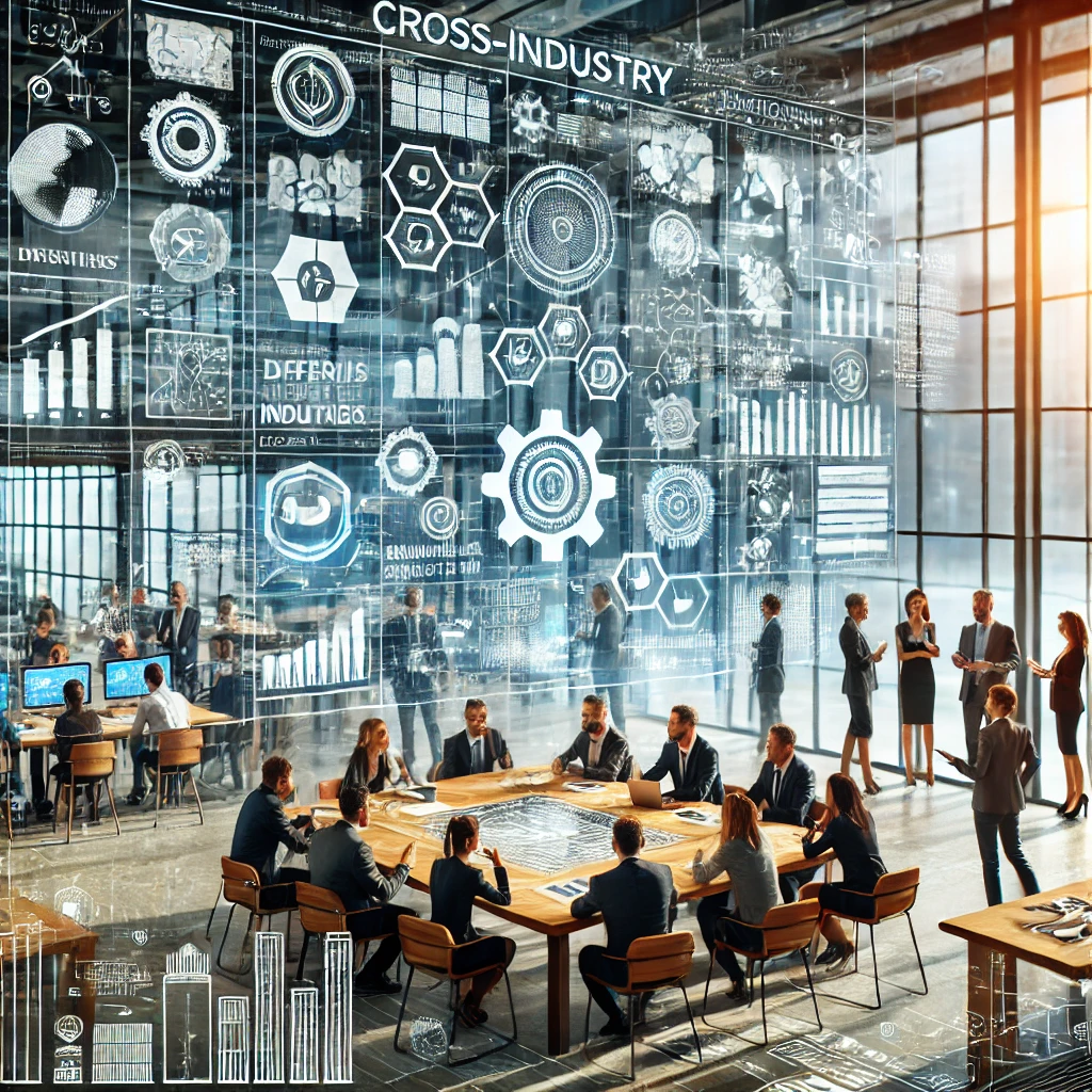 DALL·E 2024-08-13 15.39.04 - A professional image representing cross-industry innovation in a business context. The scene is set in a modern, creative office space where a diverse