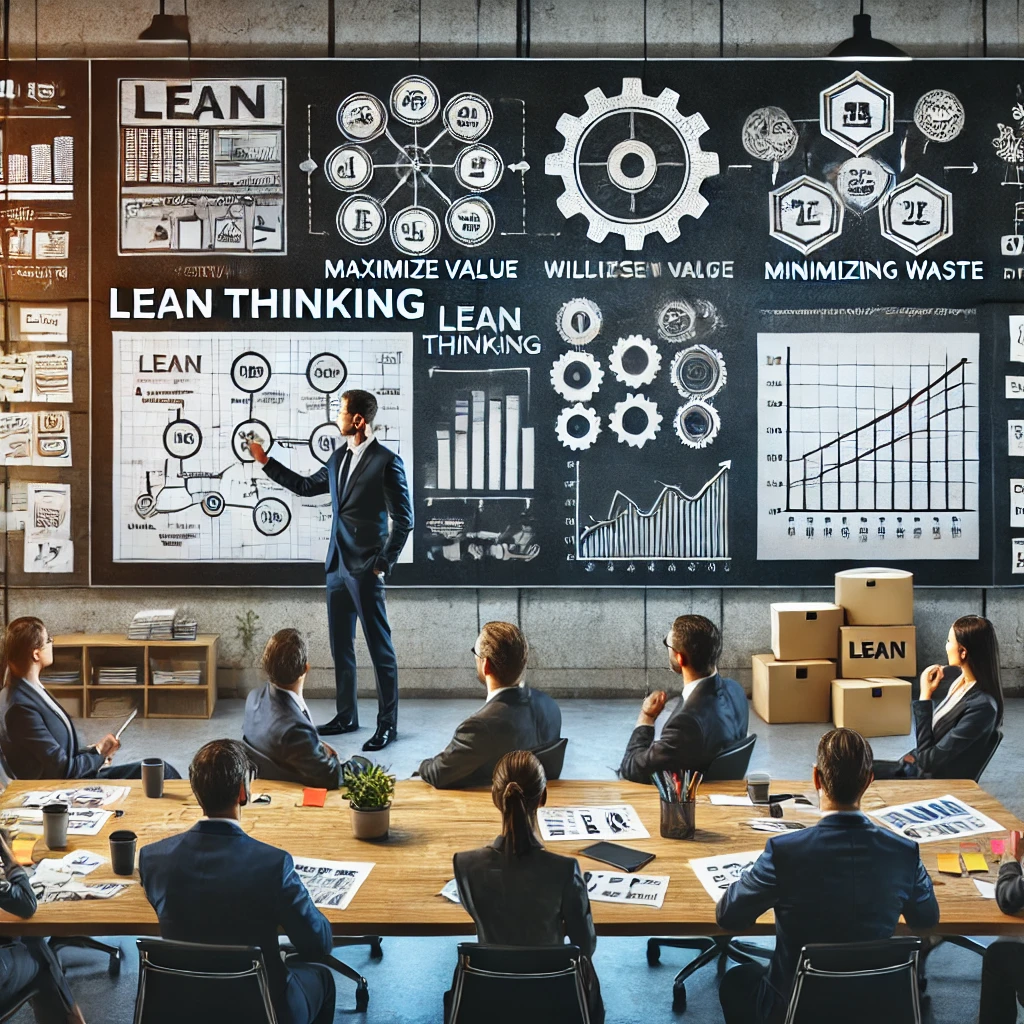DALL·E 2024-08-13 15.40.04 - A professional image representing lean thinking in a business environment. The scene takes place in a modern office where a team of professionals is e