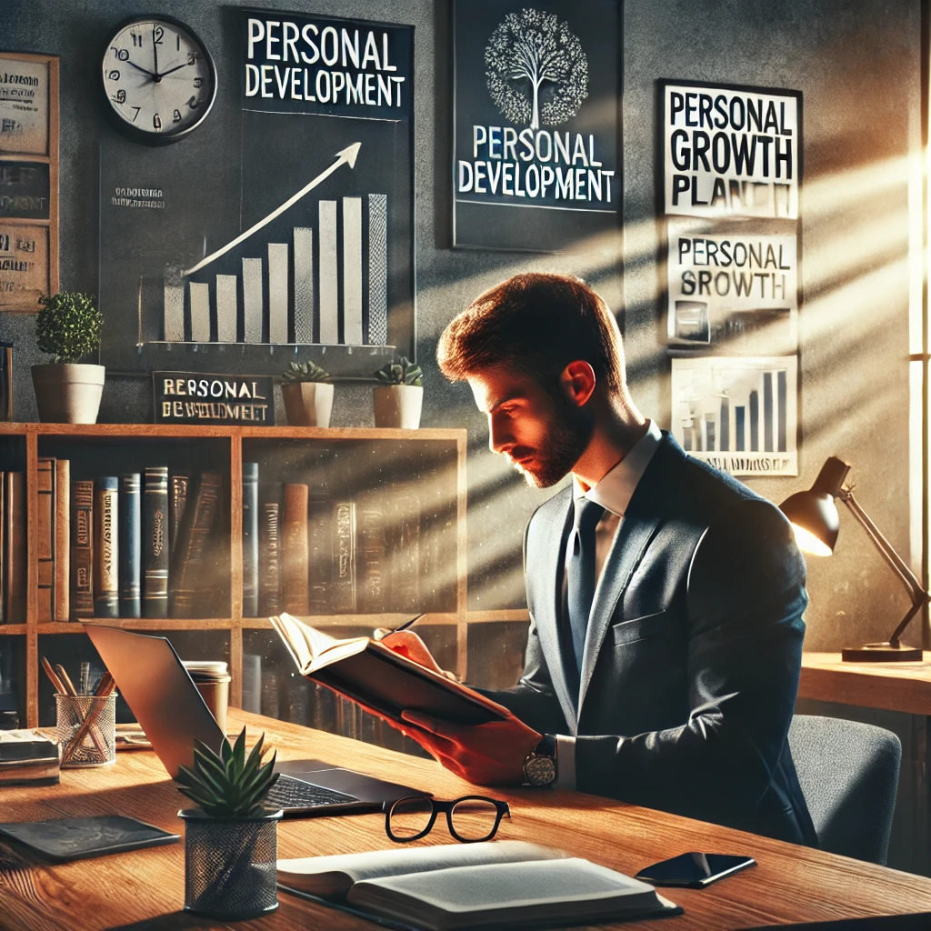 DALL·E 2024-08-13 15.41.35 - A professional image illustrating the concept of personal development in a business context. The scene takes place in a modern, well-lit office where
