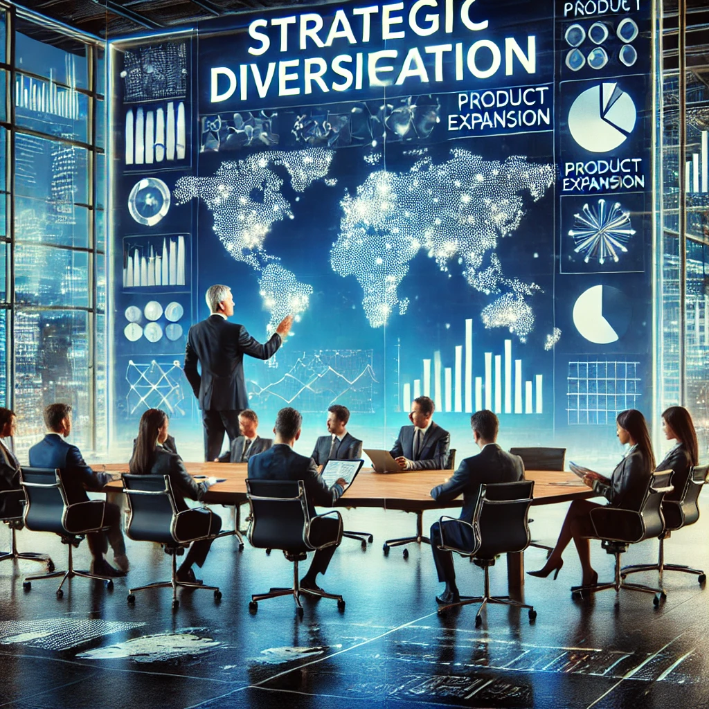 DALL·E 2024-08-13 15.47.08 - A professional image representing strategic diversification in a business context. The scene is set in a modern office where a business leader is guid